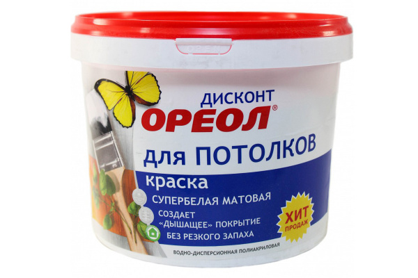 Краска водно-дисперсионная для потолков  3кг супербелая  ОРЕОЛ-Дисконт  4