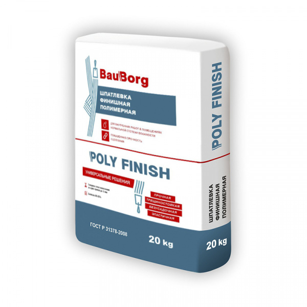 Шпатлевка полимер. Poly Finish финишная, белая, толщина слоя 0-1мм, 20кг  BAUBORG (56)